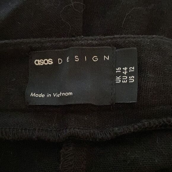 ASOS DESIGN High Waisted Tapered Pants Black Linen 12 - Picture 3 of 4